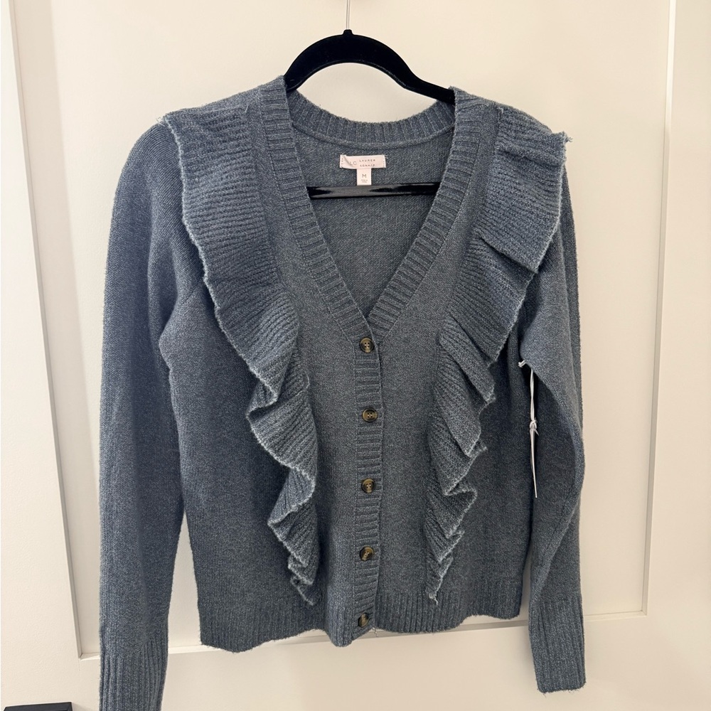 LC Lauren Conrad Gray Ruffle Cardigan